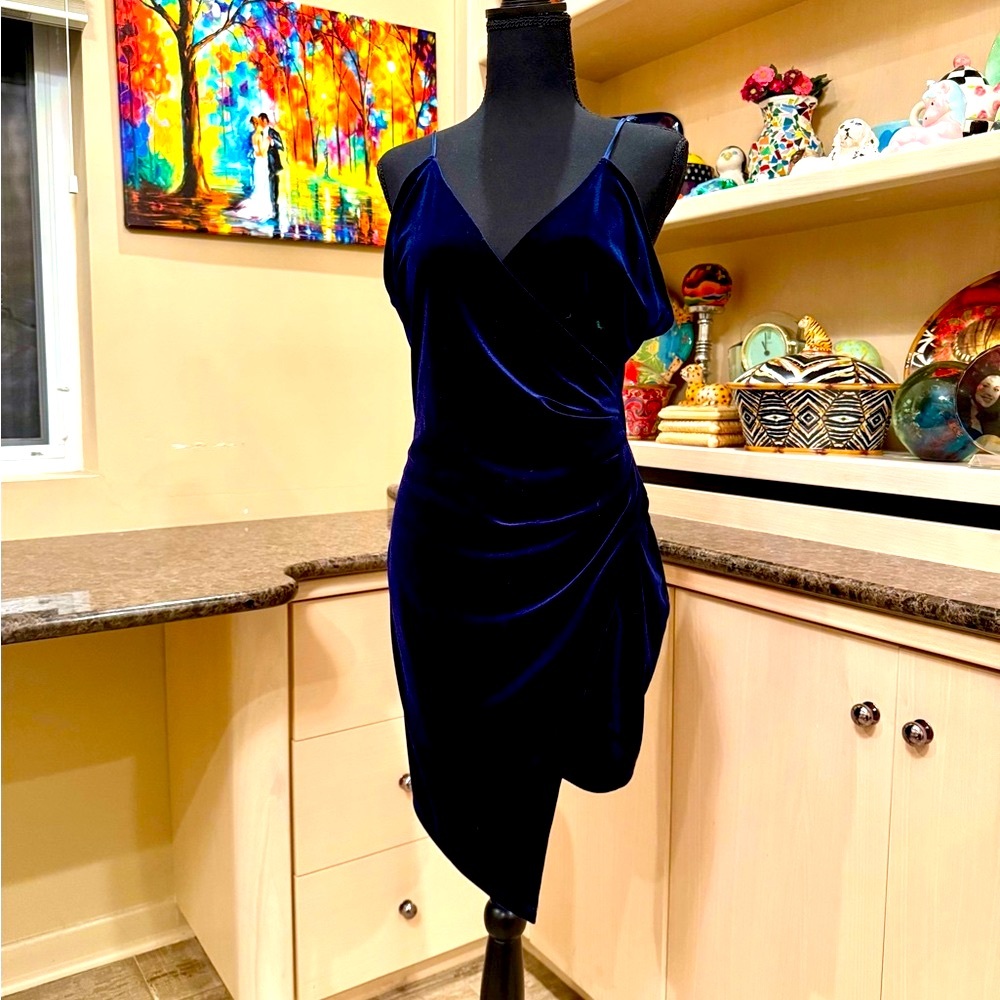 Cotton Candy Asymmetrical Velvet Dress in Deep Blue